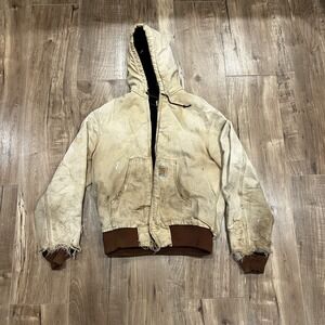 Vintage Carhartt M Hooded Jacket J140 BRN  Canvas Work Wear Grunge Thrashed